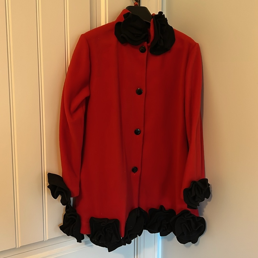 Red and Black fleece coat with appliqué flowers size 8